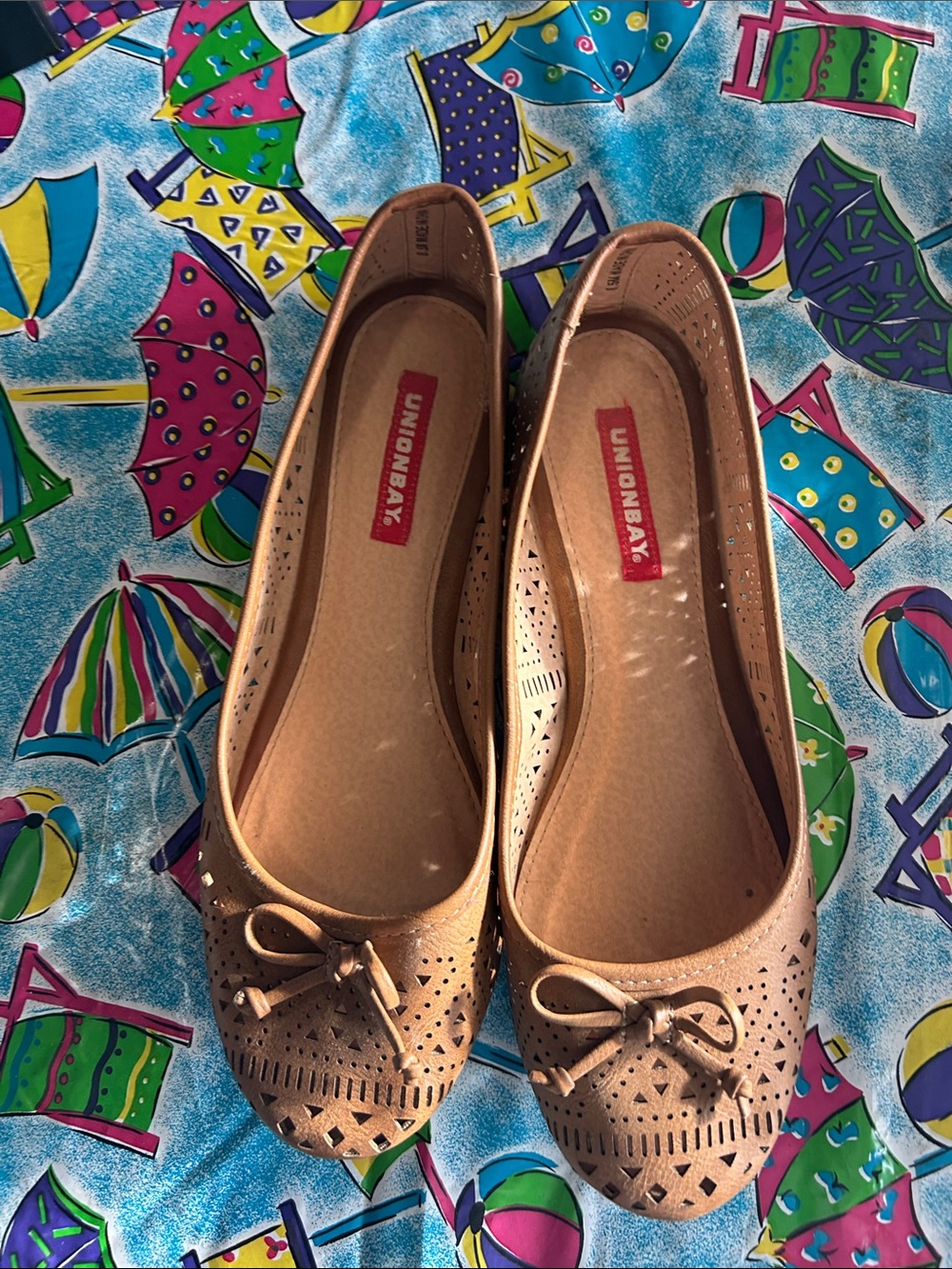 UNIONBAY Tan Laser-Cut Bow Ballet Flats